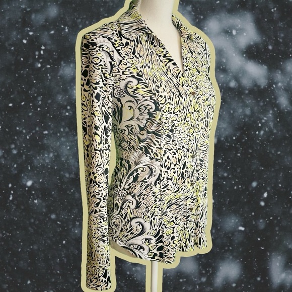 Caché Vintage Y2K Chartreuse / Lime Green Leopard & Brocade Button Down Top XS - Picture 10 of 10